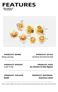 Detailed size chart for oversized gold flower earrings with pearls and stainless steel