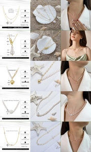 Close-up of five styles of 925 sterling silver necklaces with natural freshwater pearls