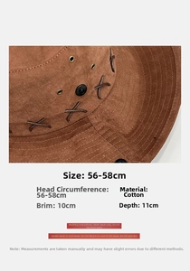 Detailed size chart for brown cotton outdoor sun hat with specific washing instructions