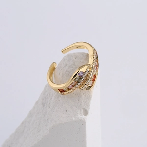 18K gold plated copper open ring with geometric multi-colored cubic zirconia inlay