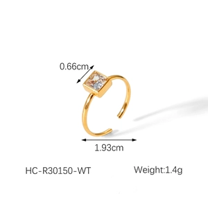 Detail of 18k gold plated ring showing 0.66cm square zircon and 1.93cm diameter size