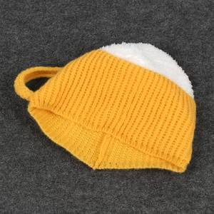 3D beer mug knitted hat with yellow body and white foam top detail for winter