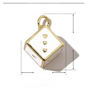 Detailed dimension guide for white enamel heart dice pendant made of copper gold plated