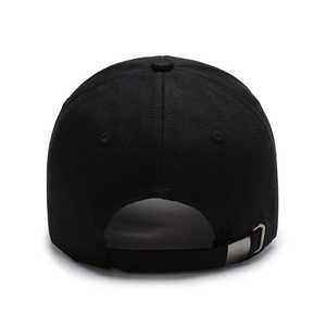 Classic black cotton baseball cap with adjustable silver metal buckle on white background
