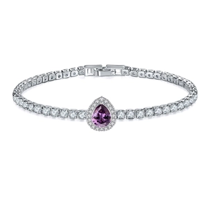 Close-up of a pear-cut purple zircon heart bracelet with round cubic zirconia tennis chain