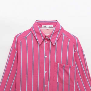 Pink and blue vertical striped long sleeve shirt with classic lapel collar detail