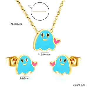 Detail view of ghost jewelry set showing pendant and earring dimensions and chain length