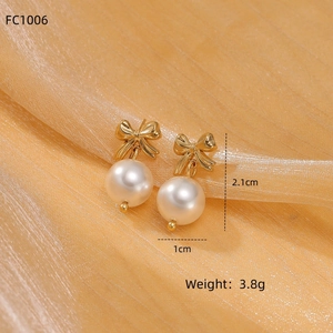 Elegant gold titanium steel bow earrings with hanging pearl drop pendant and dimensions