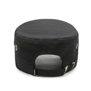 Black cotton cadet army cap with adjustable metal buckle and breathable side eyelets