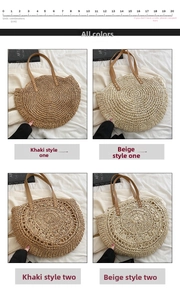 Detail view of woven straw beach bags in khaki and beige with elegant leather handles