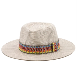 Sommer Strohhut Fedora mit buntem Boho-Band für Strand- und Sonnenschutz im Freien