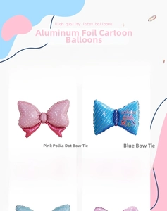 Detail view of large polka dot candy-colored bow and necktie foil balloons for parties