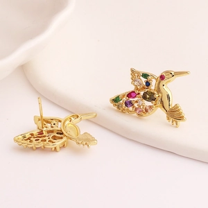 Exquisite gold hummingbird earrings featuring vibrant multi-colored zircon stones