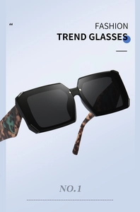Detail of square oversized sunglasses with leopard print temples and metal accents
