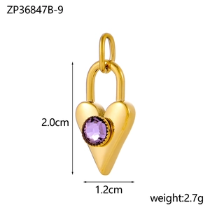 Detail of gold heart lock pendant with purple gemstone, including size and weight specs