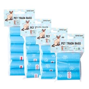 Four packs of light blue degradable pet trash bags with paw prints on white background