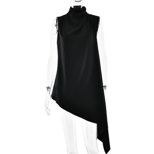 Women's black sleeveless mock neck top with buttons and asymmetric hem design
