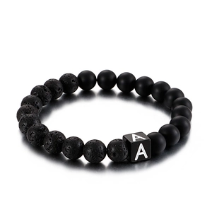 Men's Black Lava Stone Agate Beaded Bracelet Stainless Steel Initial Letter A-Z Charm Matte Beads Hand Woven Elastic Bracelet Jewelry