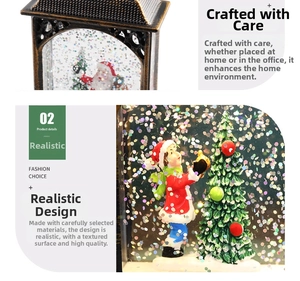 Macro view of bronze vintage Christmas lantern featuring Santa and glitter swirls