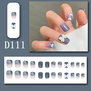 Blue gradient press-on nails with white clouds, 3D bows and pearls, model D111