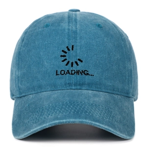Close-up of the LOADING embroidery and loading bar on blue vintage washed cotton cap