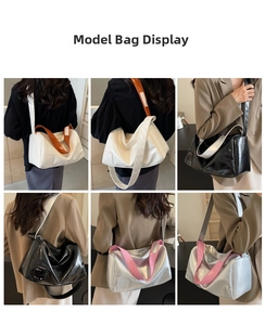 Collage of high-gloss Boston bags in black, white, and silver with contrast straps
