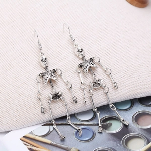 Vintage silver skeleton drop earrings in punk style for women, Gothic Halloween jewelry