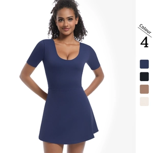 Women Active Tennis Dress with Built-in Shorts Nylon Spandex Slim Fit Short Sleeve Athletic Sport Romper for Golf Running
