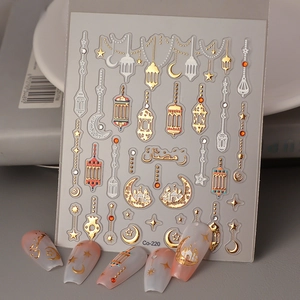 5D Embossed Nail Stickers Gold Ramadan Lantern Moon Star Pattern Waterproof Self Adhesive Manicure Decoration Women
