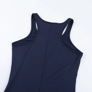 Close-up of high-elastic navy blue sleeveless racerback bodysuit with reinforced stitching
