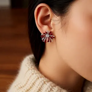 Vintage silver needle firework stud earrings with red glaze and white zircon in a luxury style