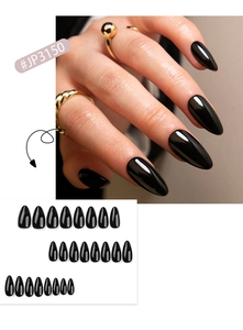 Detail of glossy black almond-shaped press-on nails with 24 pieces in a set