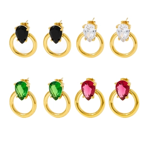 Elegant gold earrings set with colorful waterdrop zircons in black, white, green and red