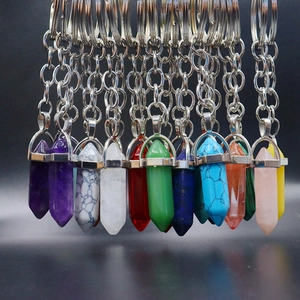 Hexagonal Prism Natural Stone Keychain Crystal Point Bullet Pendant Healing Gemstone Key Ring For Couples Friends Gift
