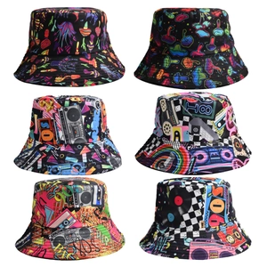 Collage of six digital mushroom print bucket hats in 90s vintage street style