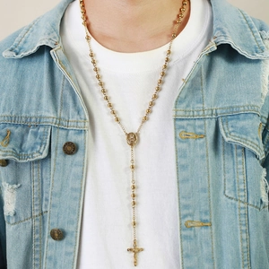 Long gold-plated rosary bead necklace with a classic cross pendant for women