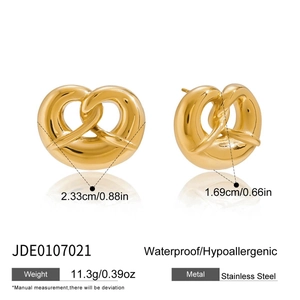Detail view of gold pretzel heart earrings with dimensions, weight and material specs
