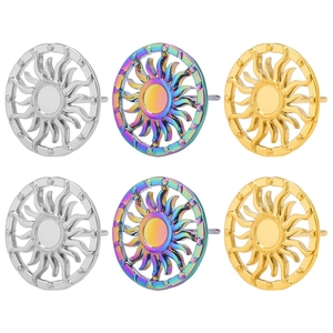 Set of six sun-shaped 304 stainless steel stud earrings in silver, gold, and rainbow finishes