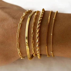 Minimalist Stainless Steel Bracelet Gold Plated Delicate Chain Paperclip Snake Figaro Bead Twist Link Adjustable For Women