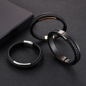 Three-layer leather bracelets with silver gold and black stainless steel clasps