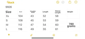 Size chart for women's suede faux leather biker jacket with bust and length measurements