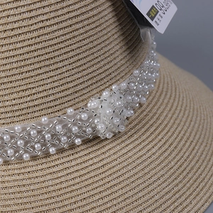 Damen Sonnenhut in Beige mit Perlenverzierung und 99,99 % UV-Schutz, leicht faltbar