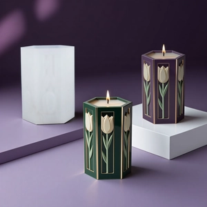 Hexagonal tulip relief candle silicone mold with gold trim finished aromatic candles
