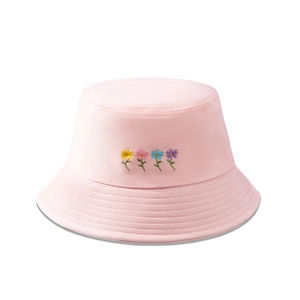 Chapeau bob rose en coton avec broderie florale colorée et large bord pour protection solaire