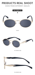 Three-angle views of retro oval sunglasses with gold metal frame and dark gray lenses