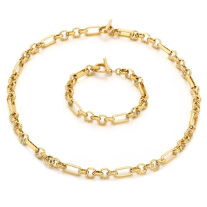 Minimalist gold stainless steel jewelry set with OT buckle necklace and matching bracelet