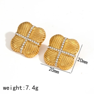 Quilted texture 18K gold plated stainless steel square earrings with sparkling crystals