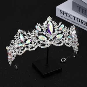 Macro shot of silver bridal crown featuring marquise cut AB crystals and sparkly rhinestones