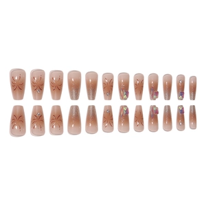 Glitter champagne gradient press-on nails with sparkling rhinestones and square diamonds