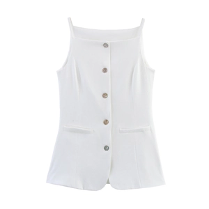 White sleeveless blazer-style vest with single-breasted buttons and decorative pockets